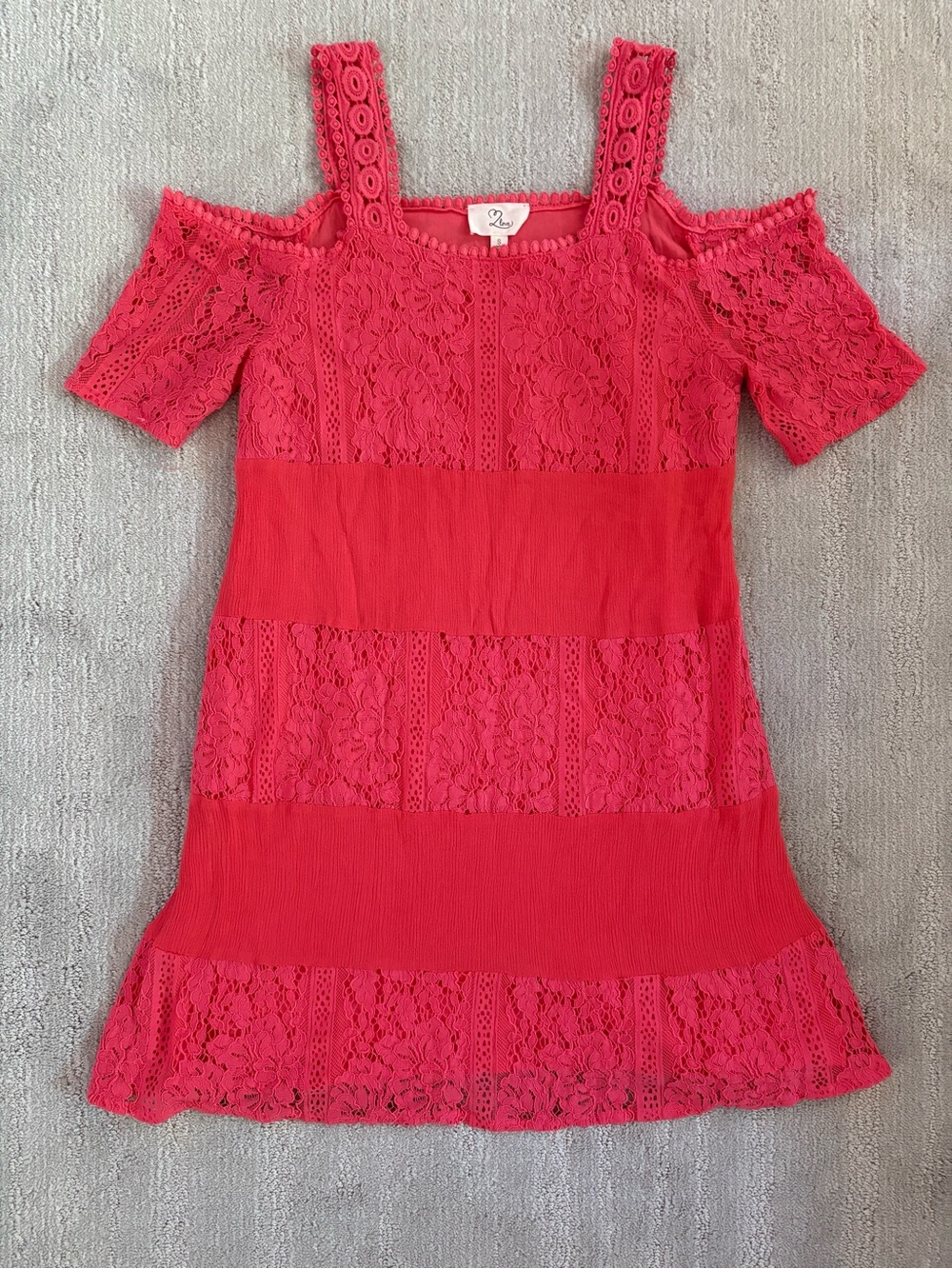 T2Love Coral Pink Cold Shoulder Lace Tiered Mini Dress Small Boho Festival